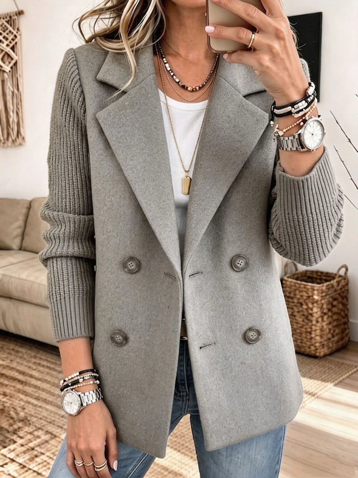 Knit-Sleeve Double-Breasted Blazer – Susan & Anne