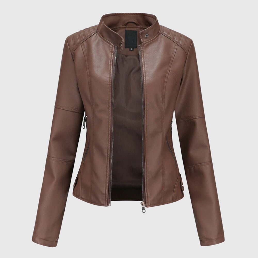 Front view of the chic faux leather jacket