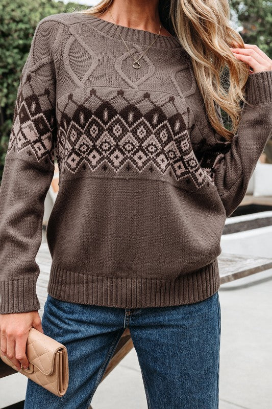 Western Geometric Crew Neck Knitted Sweater