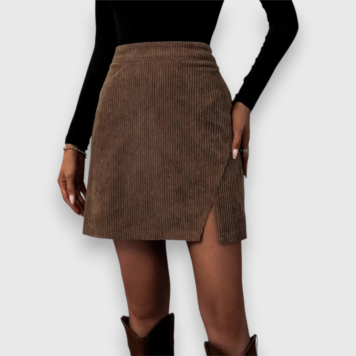 Stylish Brown Mini Skirt for Women with High Waist Corduroy Textured Front Split Fitted Casual Style - Susan & Anne