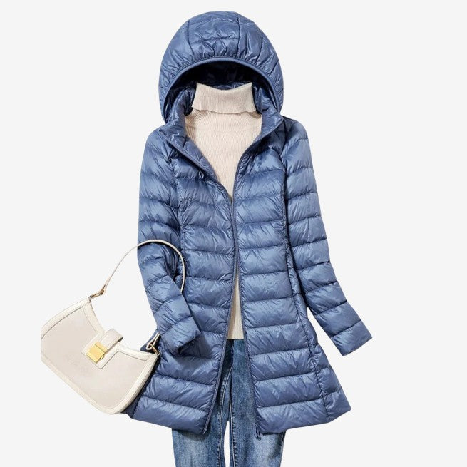 Front view of the claudette hooded longline puffer coat