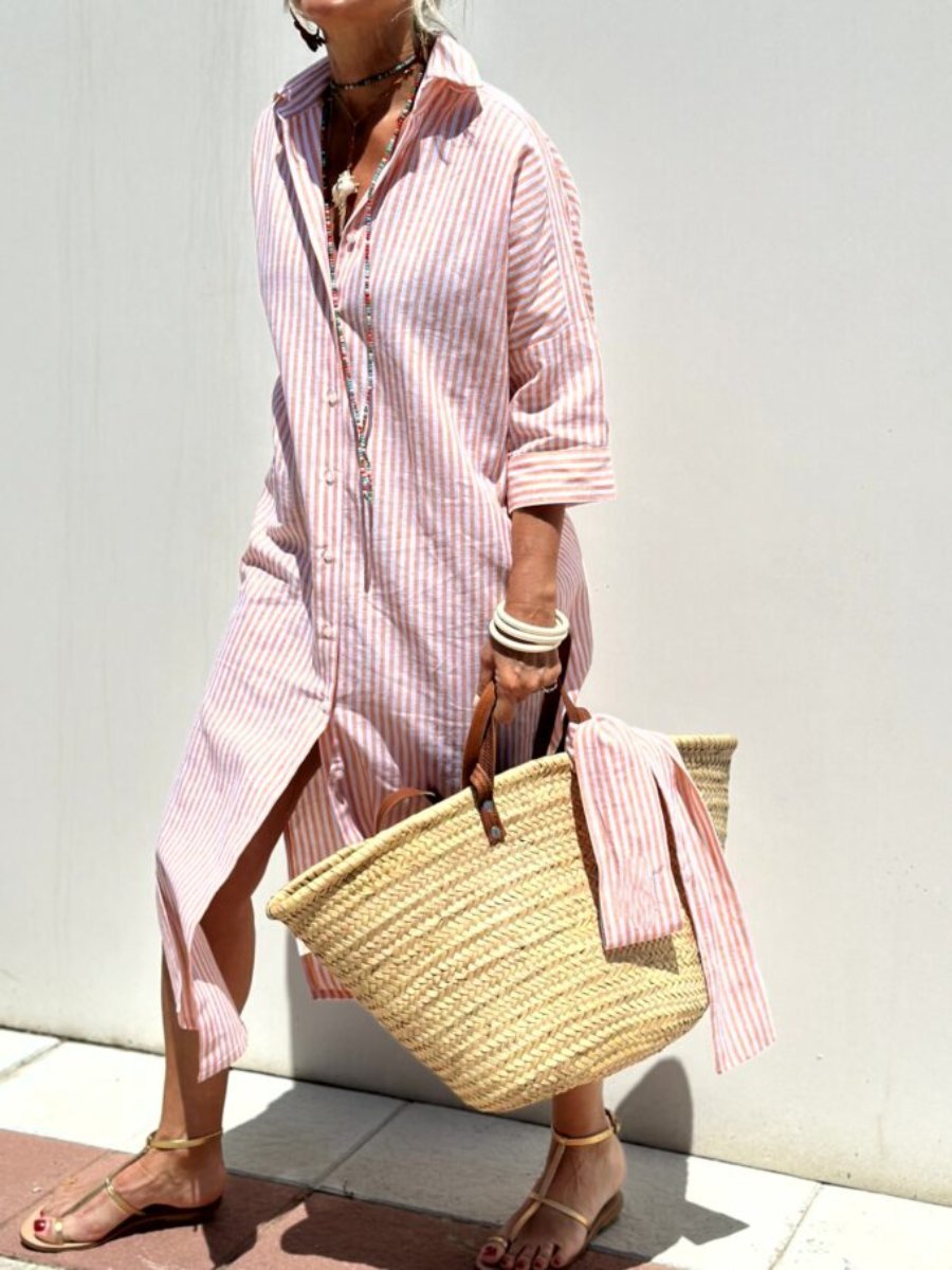 Lisa -  Classic Striped Lace-Up Shirt Dress