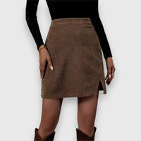 Stylish Brown Mini Skirt for Women with High Waist Corduroy Textured Front Split Fitted Casual Style - Susan & Anne