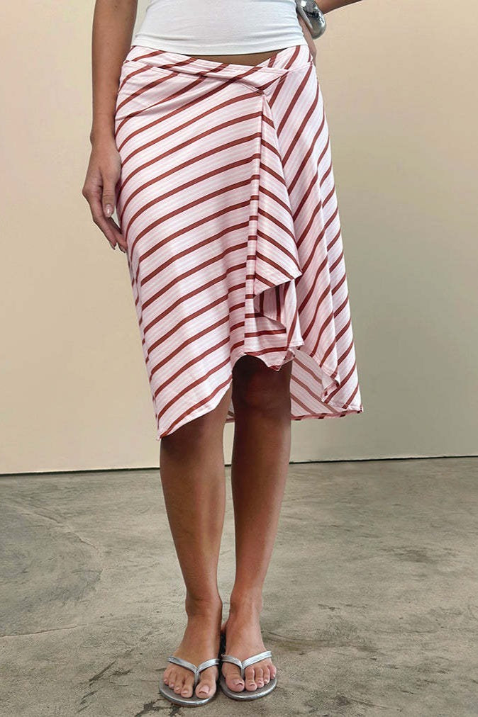Front view of the plaid asymmetric midi skirt