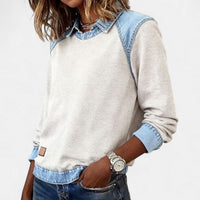 Effortless Denim Patchwork Sweatshirt for Women with Collared Raglan Long Sleeve Relaxed Casual Style - Susan & Anne