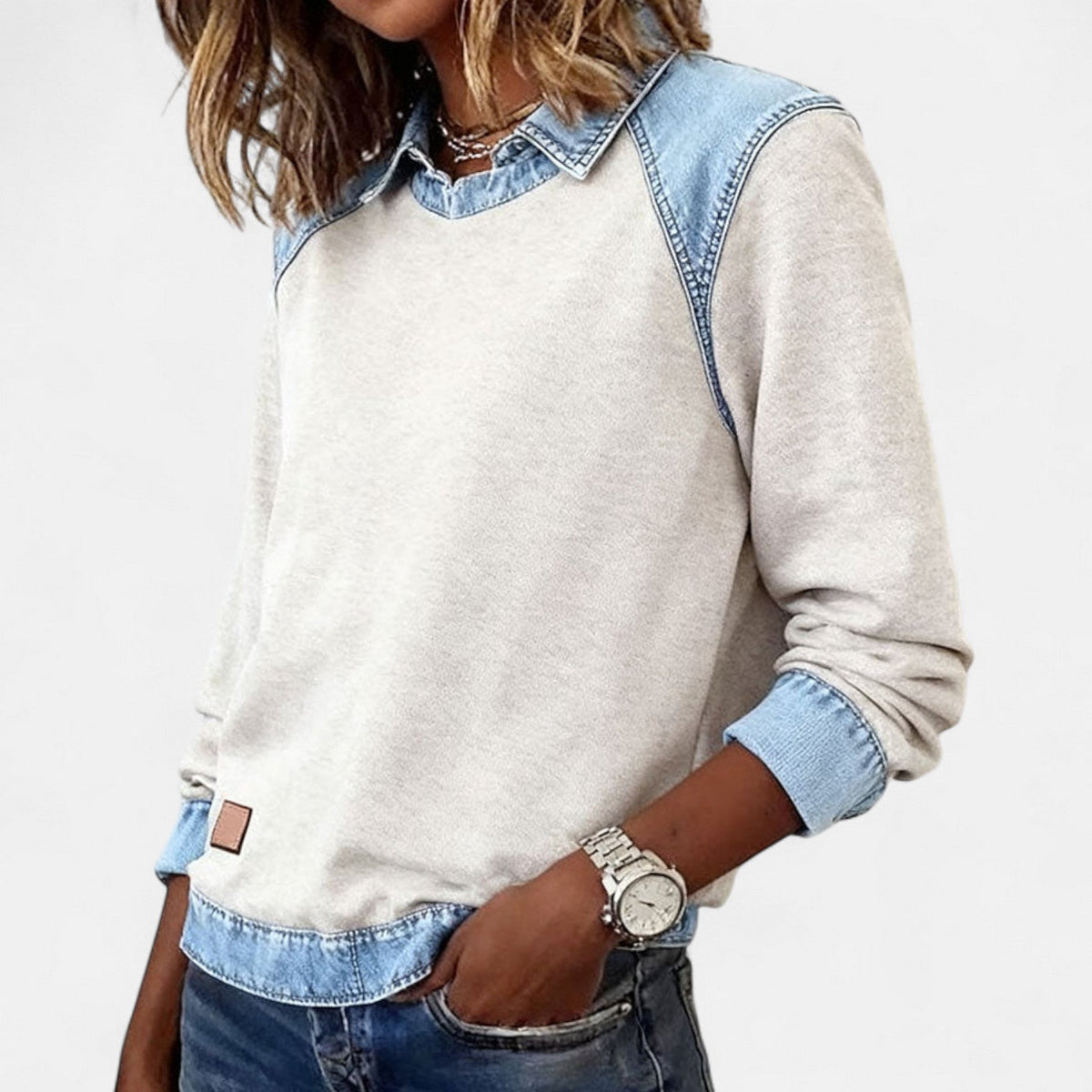 Effortless Denim Patchwork Sweatshirt for Women with Collared Raglan Long Sleeve Relaxed Casual Style - Susan & Anne