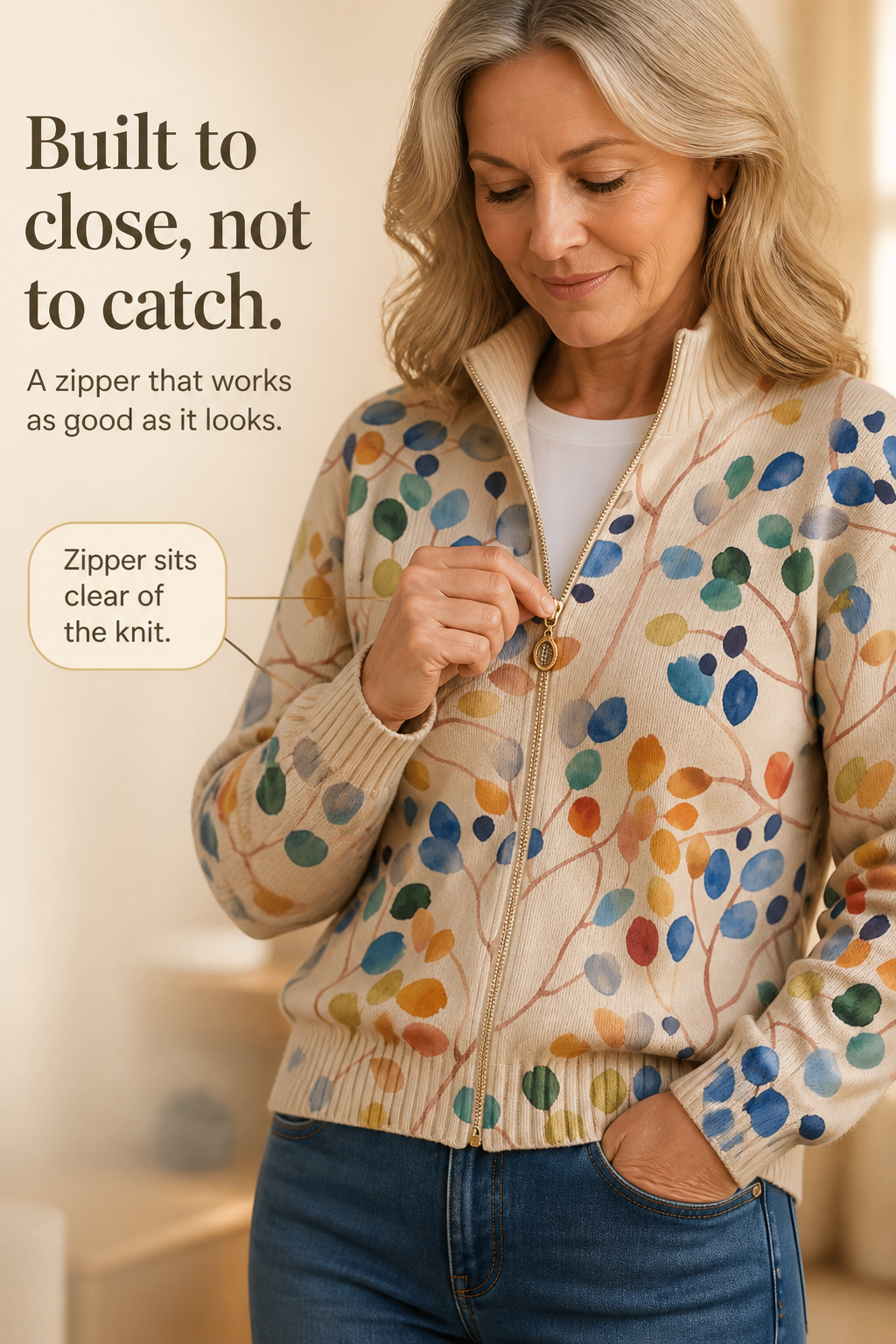 Botanical Print Zip-Up Bomber Cardigan - Susan & Anne