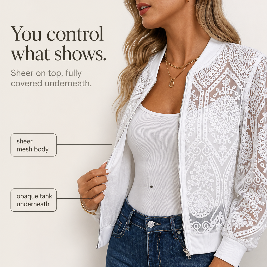 Sheer Floral Lace Bomber Jacket - Susan & Anne