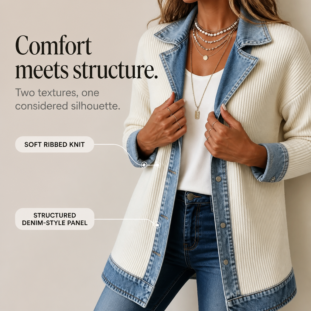 Ribbed Knit Coat With Denim Panels - Susan & Anne