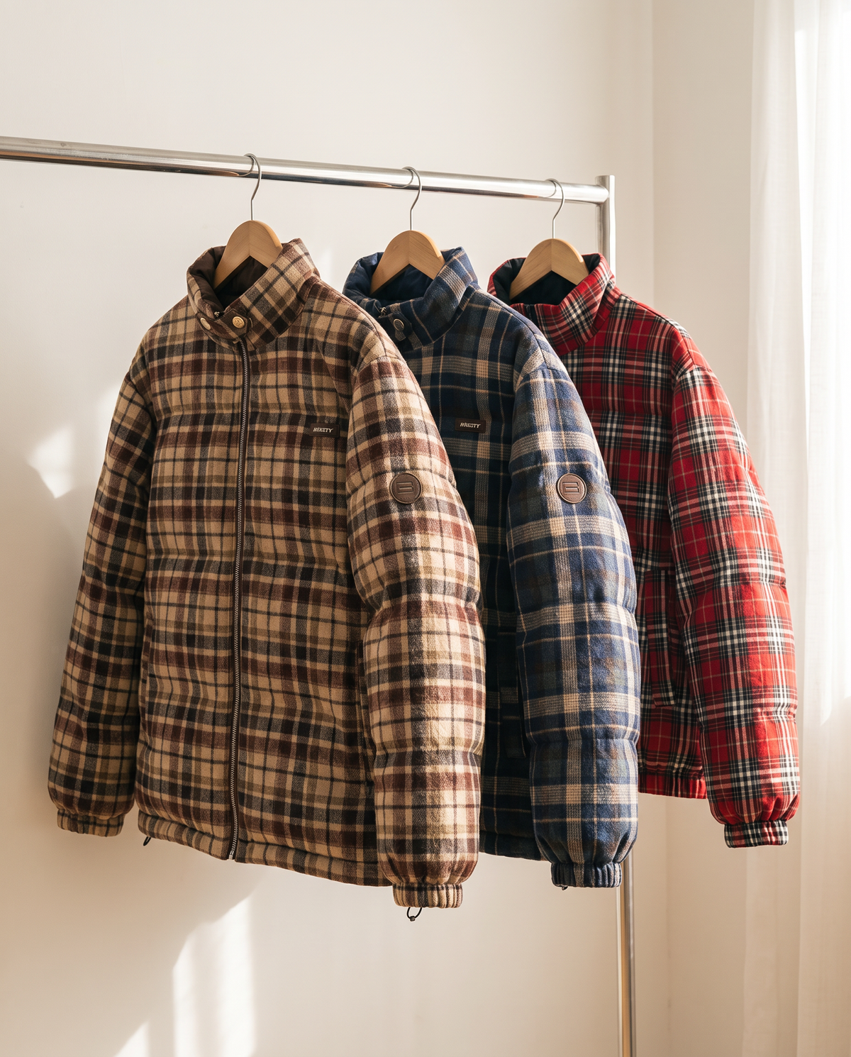Vintage Double-Sided Puffer Jacket in brown, navy and red plaid