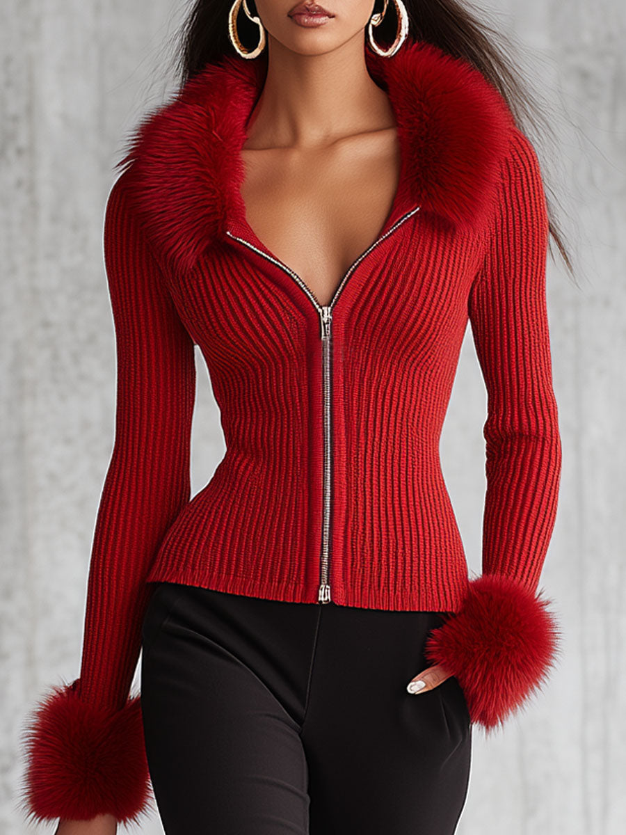 Sleeve and cuff detail on the lapel zipper faux fur collar knitted cardigan