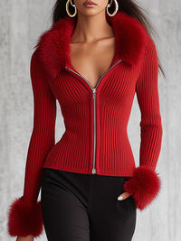 Sleeve and cuff detail on the lapel zipper faux fur collar knitted cardigan