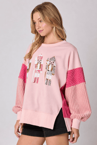 Close-up texture of the sequin toy soldier crew neck sweatshirt