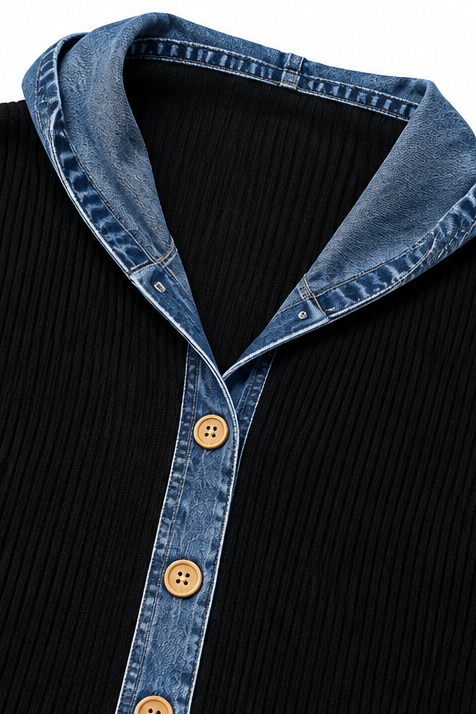 Denim-Look Patchwork Hooded Cardigan - Susan & Anne