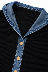 Denim-Look Patchwork Hooded Cardigan - Susan & Anne