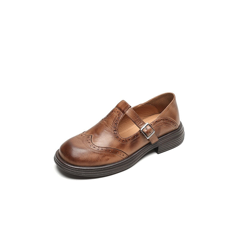 Leather T-Strap Mary Jane Shoes Brogue Block Heel