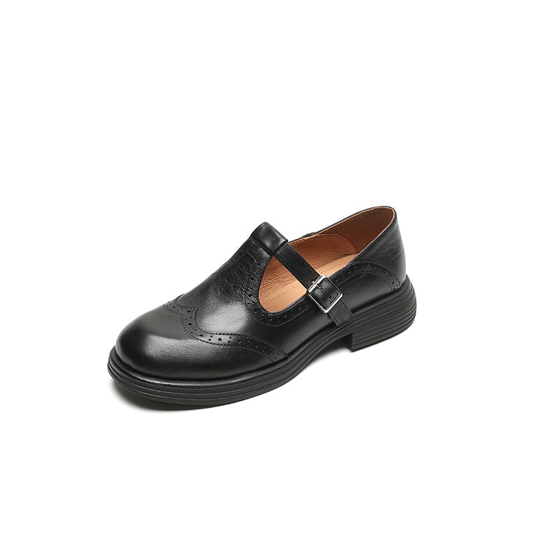 Rosie - Leather T-Strap Mary Jane Shoes Brogue Block Heel