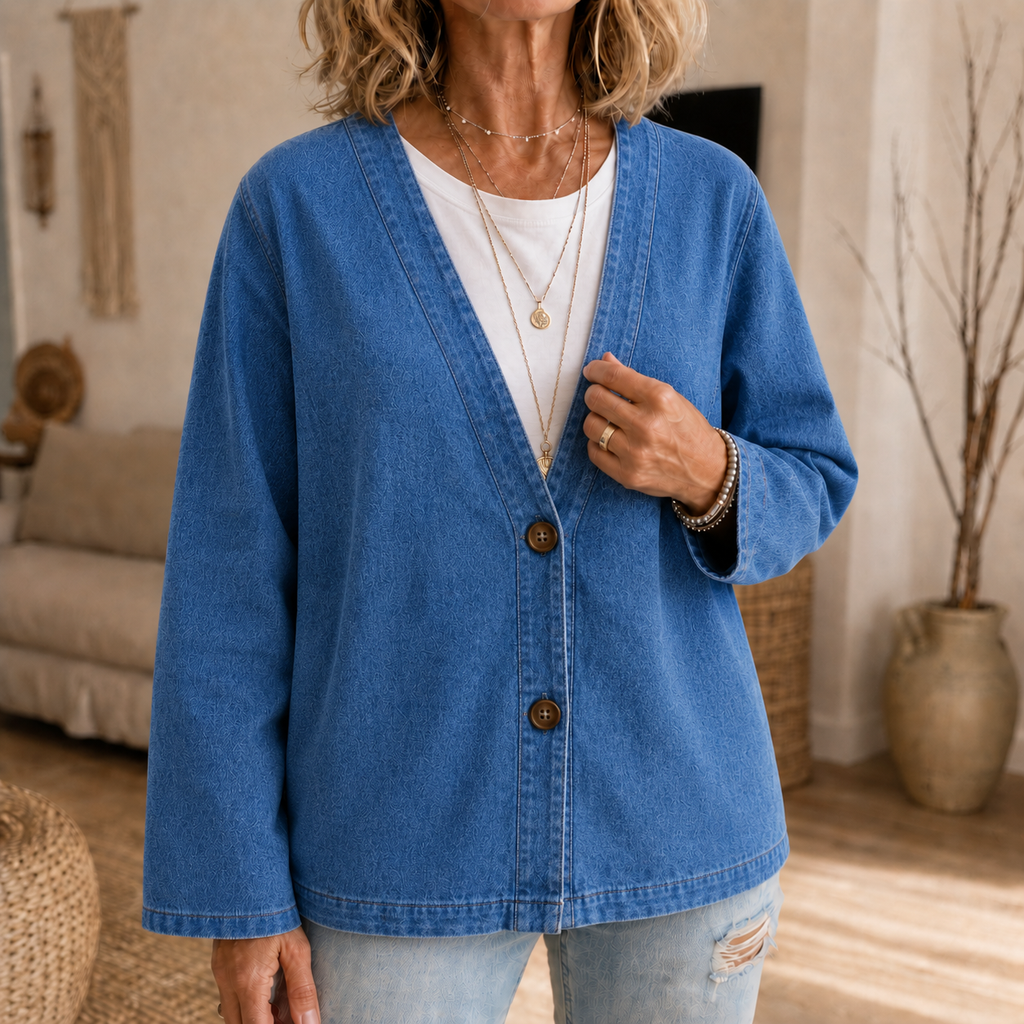 Collarless Soft-Denim-Look Button-Down Cardigan - Susan & Anne