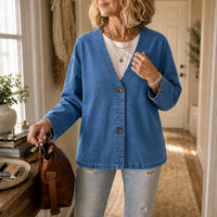 Collarless Soft-Denim-Look Button-Down Cardigan - Susan & Anne