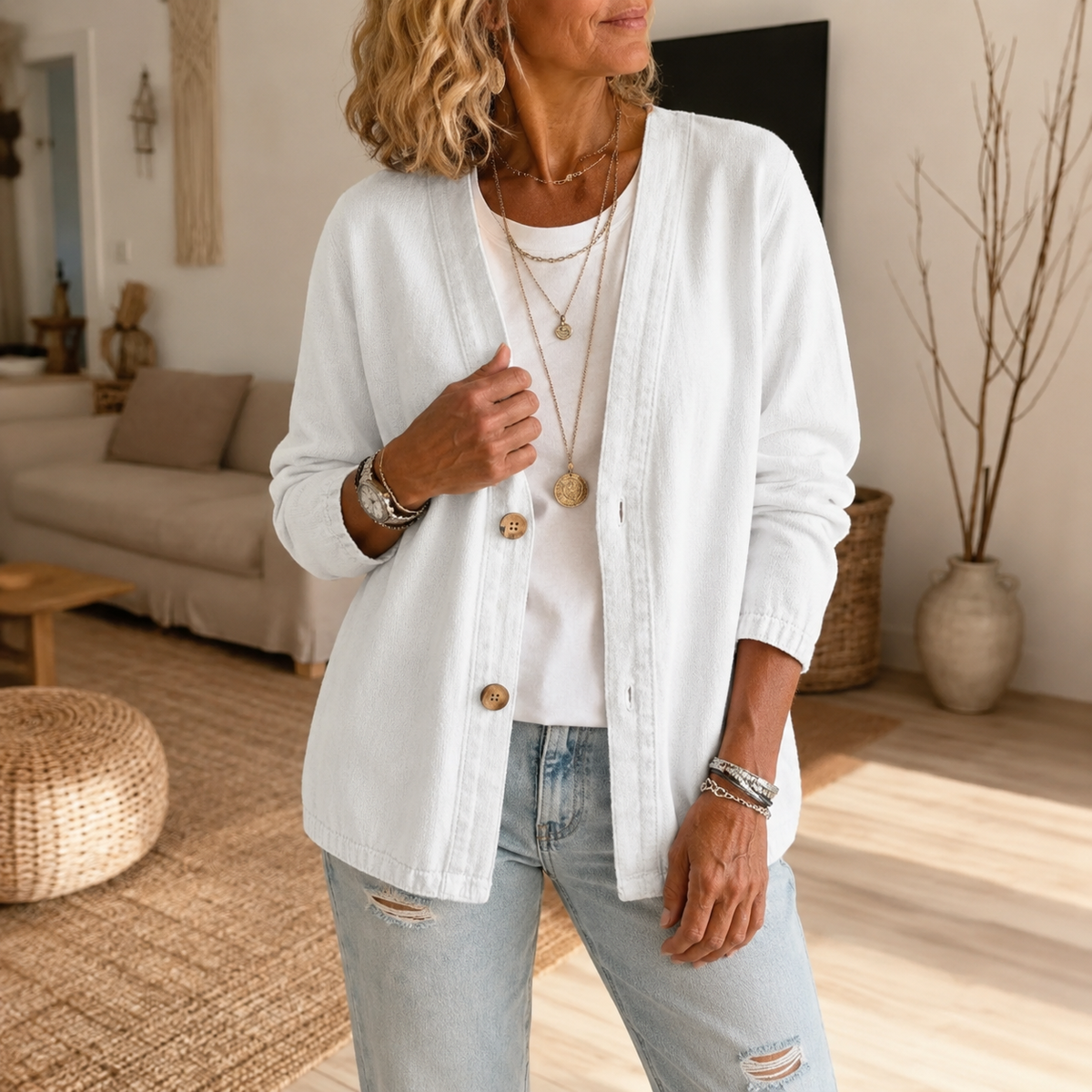 Collarless Soft-Denim-Look Button-Down Cardigan - Susan & Anne