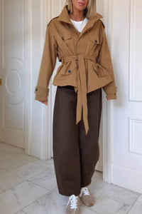 Camel tie waist short trench coat - view 2