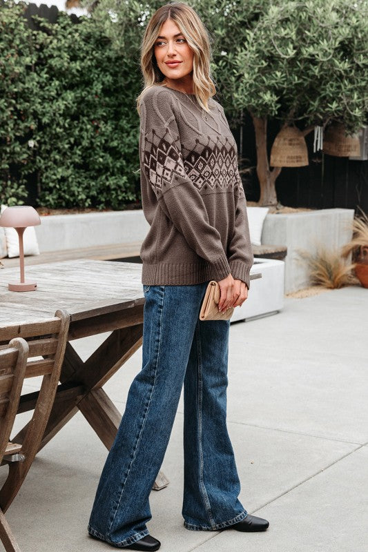 Western Geometric Crew Neck Knitted Sweater