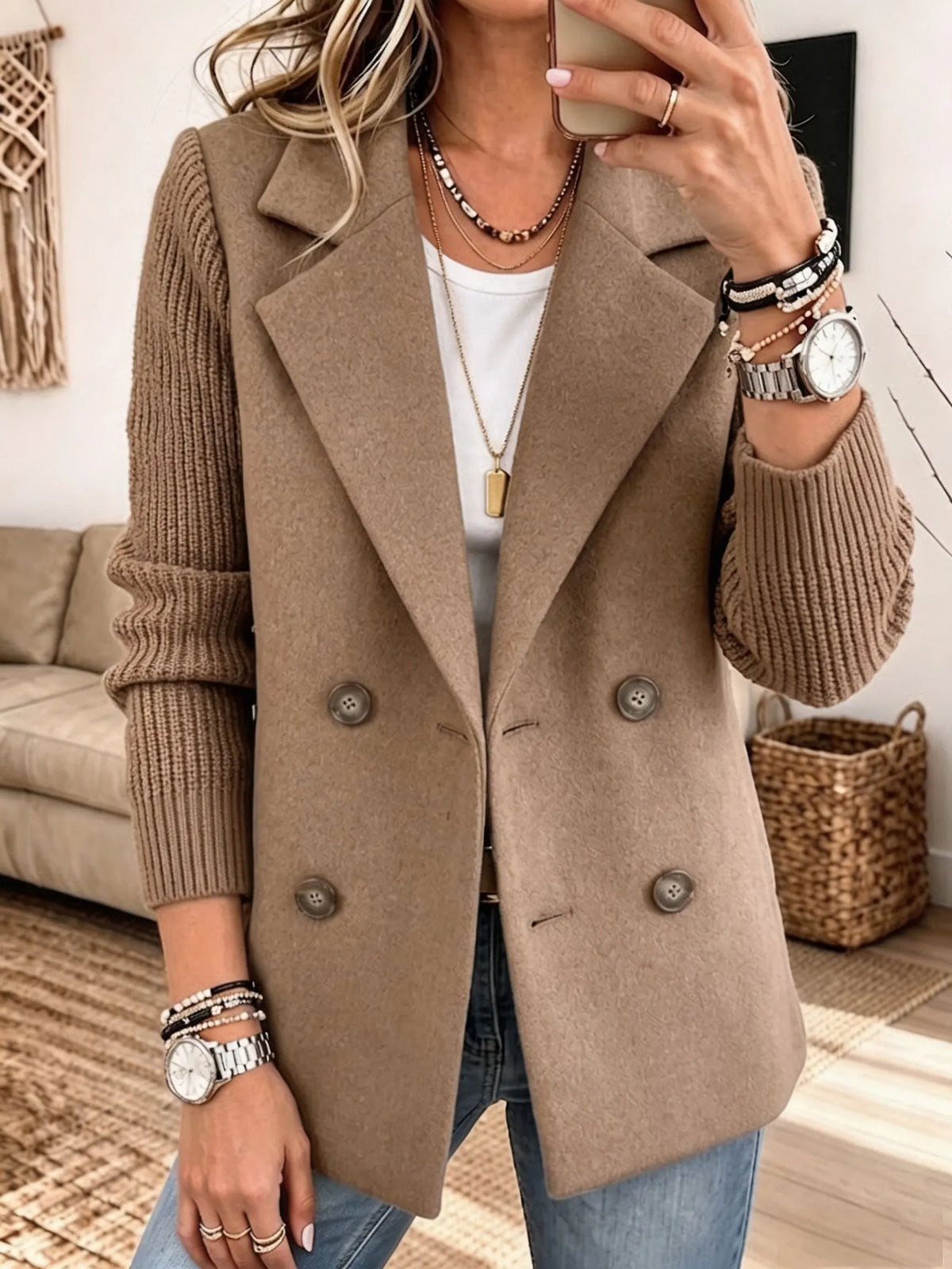 Knit-Sleeve Double-Breasted Blazer – Susan & Anne