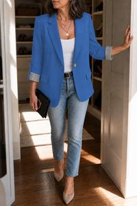 Striped-Cuff Roll-Sleeve Tailored Blazer - Susan & Anne