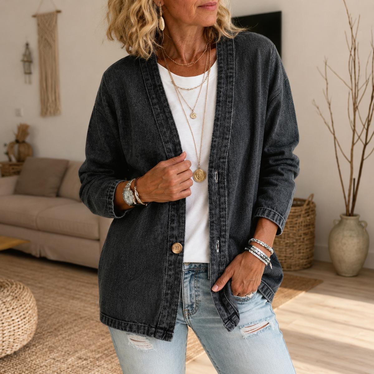 Collarless Soft-Denim-Look Button-Down Cardigan - Susan & Anne
