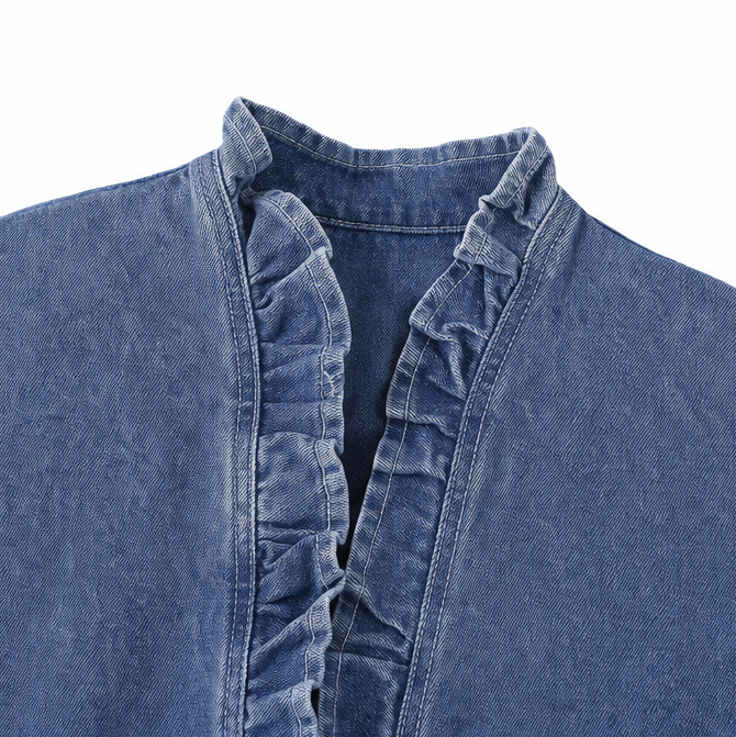 Open Front Ruffle Trim Denim-look Jacket for Women - Susan & Anne