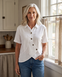 Lightweight Linen Shirt in White, asymmetric button placket, front view