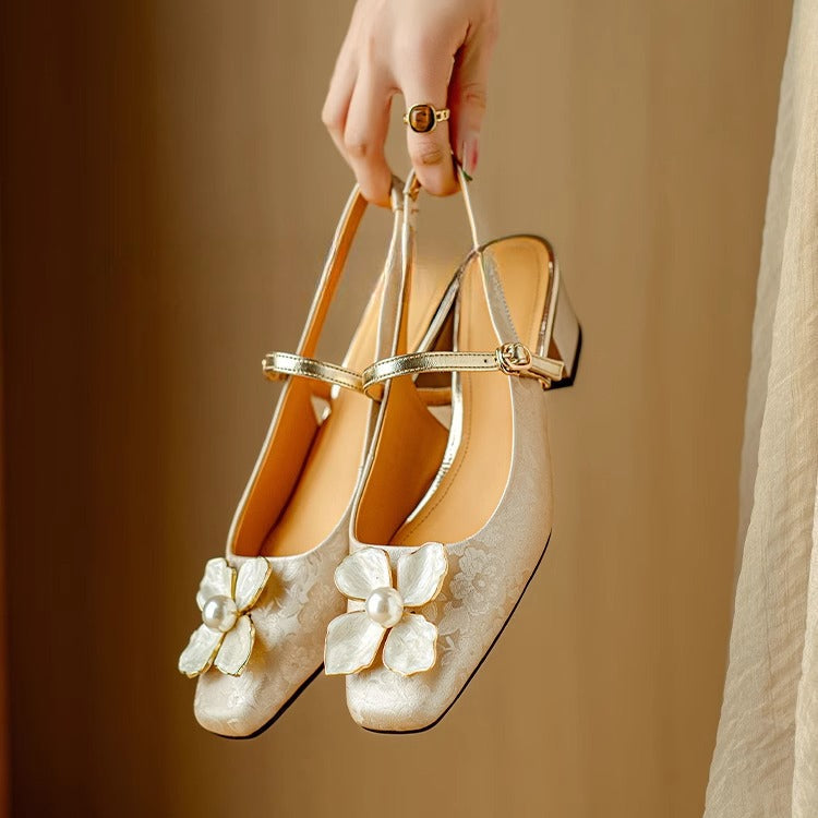 Florine - Floral Slingback Pumps Square Toe Block Heel Shoes