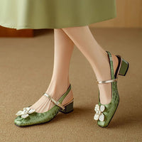 Floral Mary Jane Pumps Block Heel Jacquard Strap