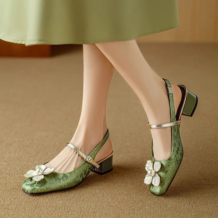 Floral Mary Jane Pumps Block Heel Jacquard Strap