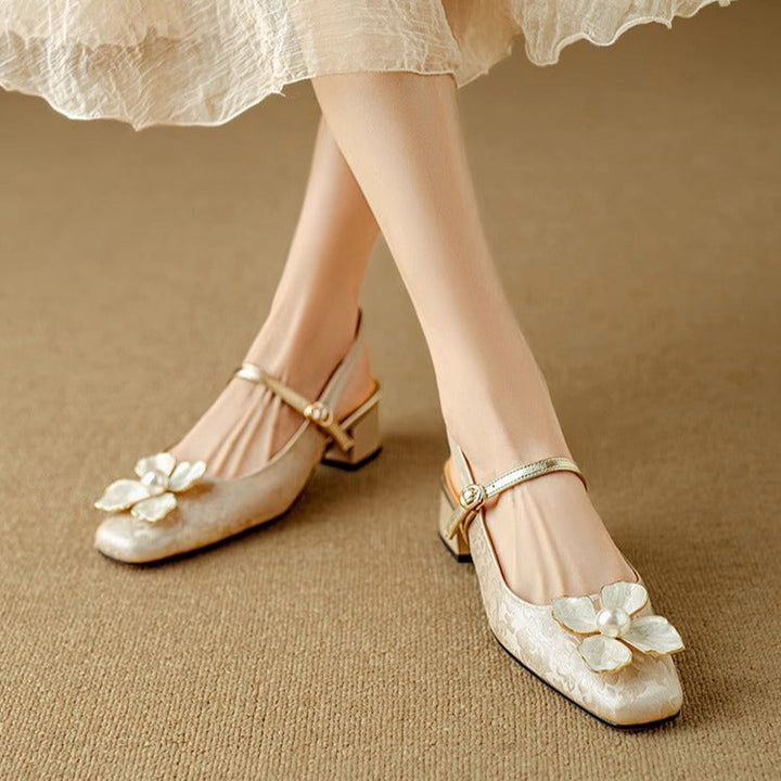 Isabeau - Floral Mary Jane Pumps Block Heel Jacquard Strap