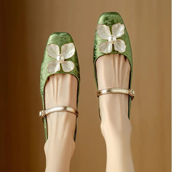 Floral Mary Jane Pumps Block Heel Jacquard Strap