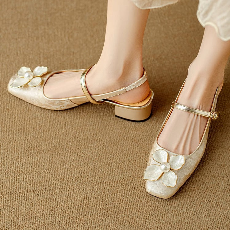 Isabeau - Floral Mary Jane Pumps Block Heel Jacquard Strap