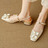 Floral Mary Jane Pumps Block Heel Jacquard Strap
