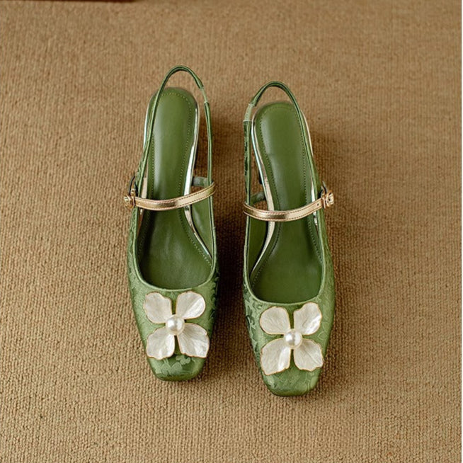 Florine - Floral Slingback Pumps Square Toe Block Heel Shoes