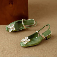 Floral Mary Jane Pumps Block Heel Jacquard Strap