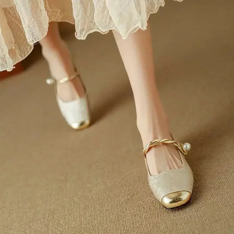 Celestine - Pearl Strap Mary Jane Shoes Glitter Block Heel