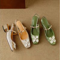 Floral Mary Jane Pumps Block Heel Jacquard Strap