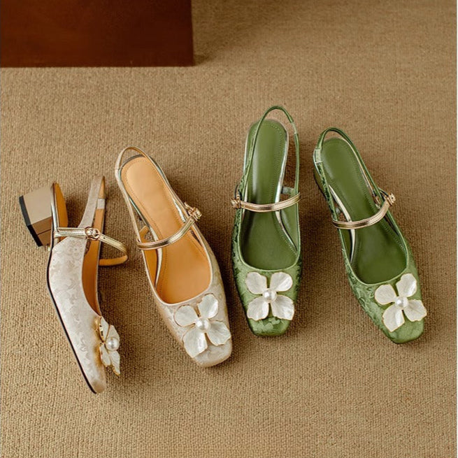 Isabeau - Floral Mary Jane Pumps Block Heel Jacquard Strap