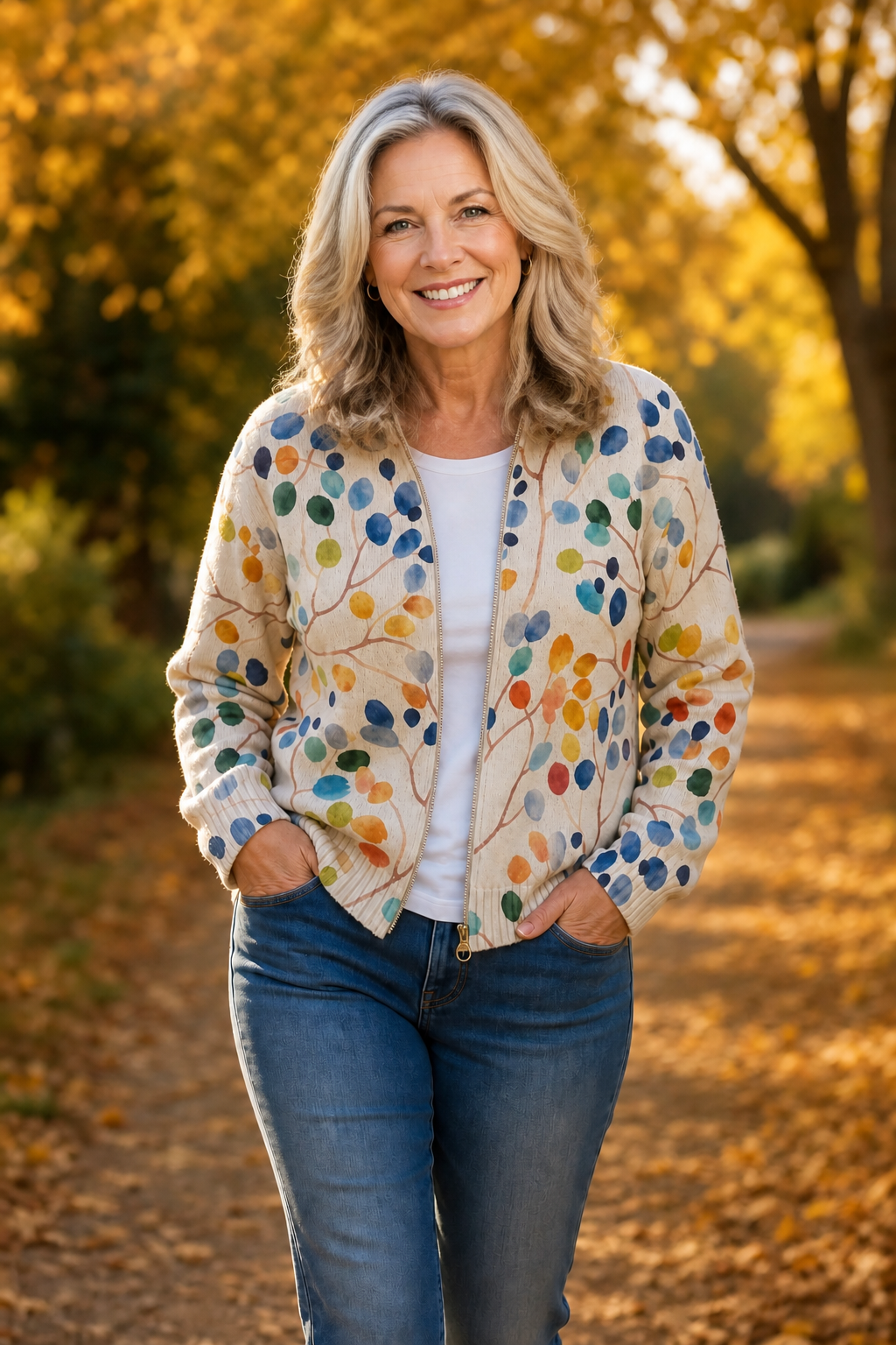Botanical Print Zip-Up Bomber Cardigan - Susan & Anne