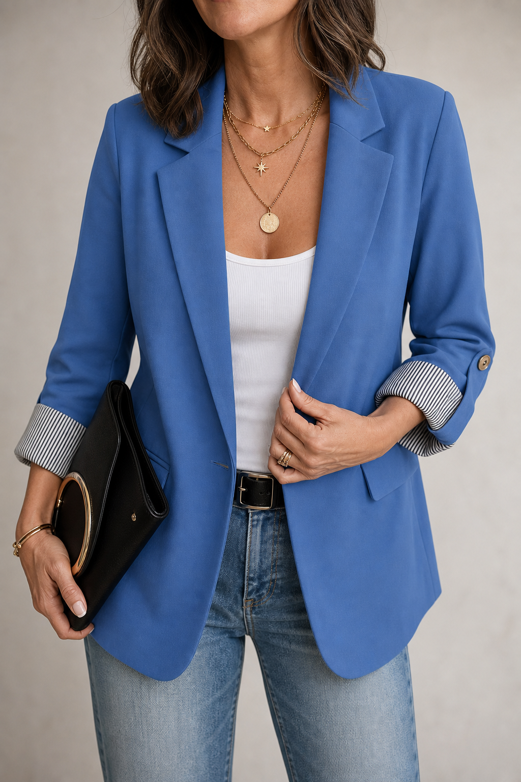 Striped-Cuff Roll-Sleeve Tailored Blazer - Susan & Anne