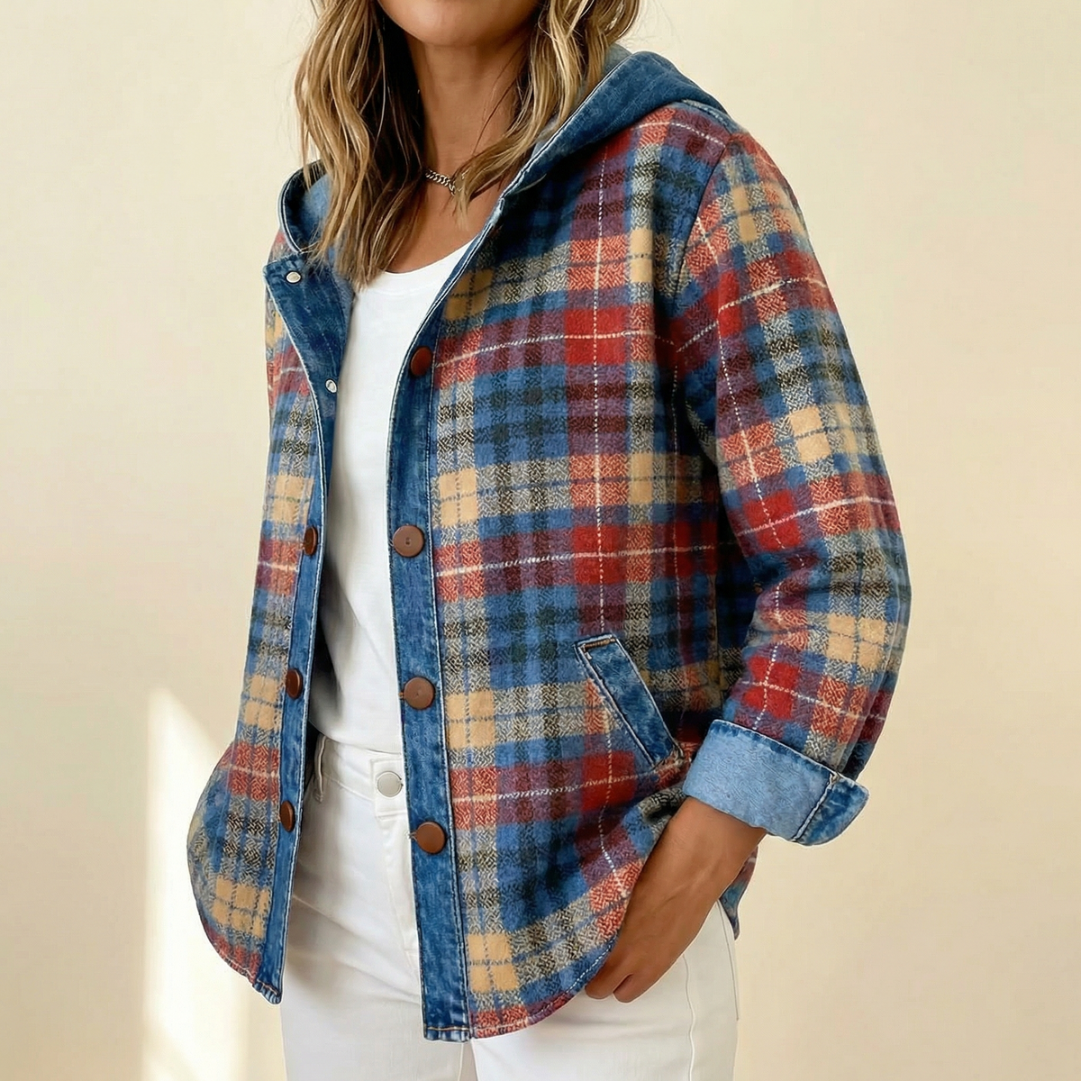 Women’s Contrast Denim Plaid Hooded Jacket - Susan & Anne