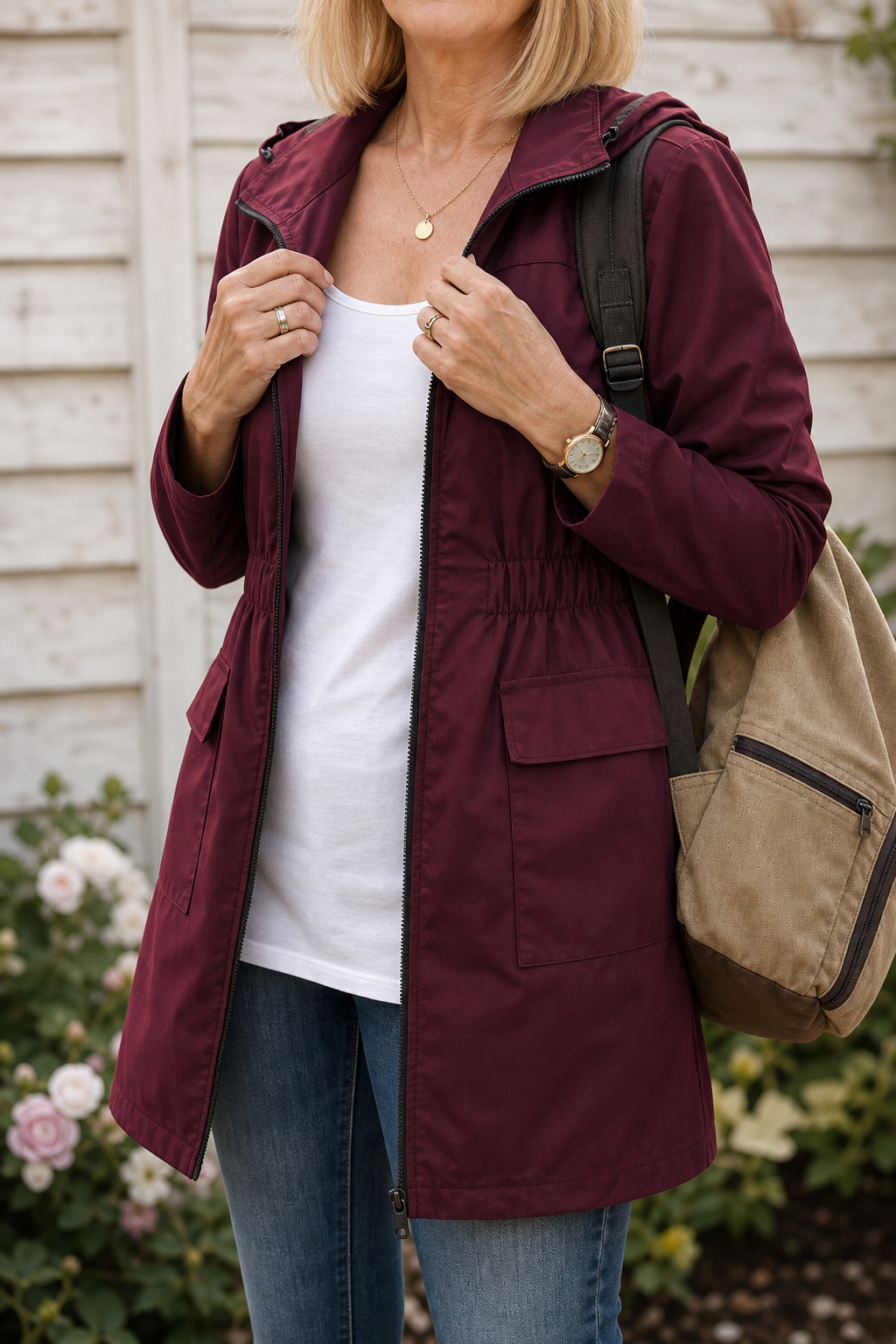Drawstring Waist Hooded Rain Jacket - Susan & Anne