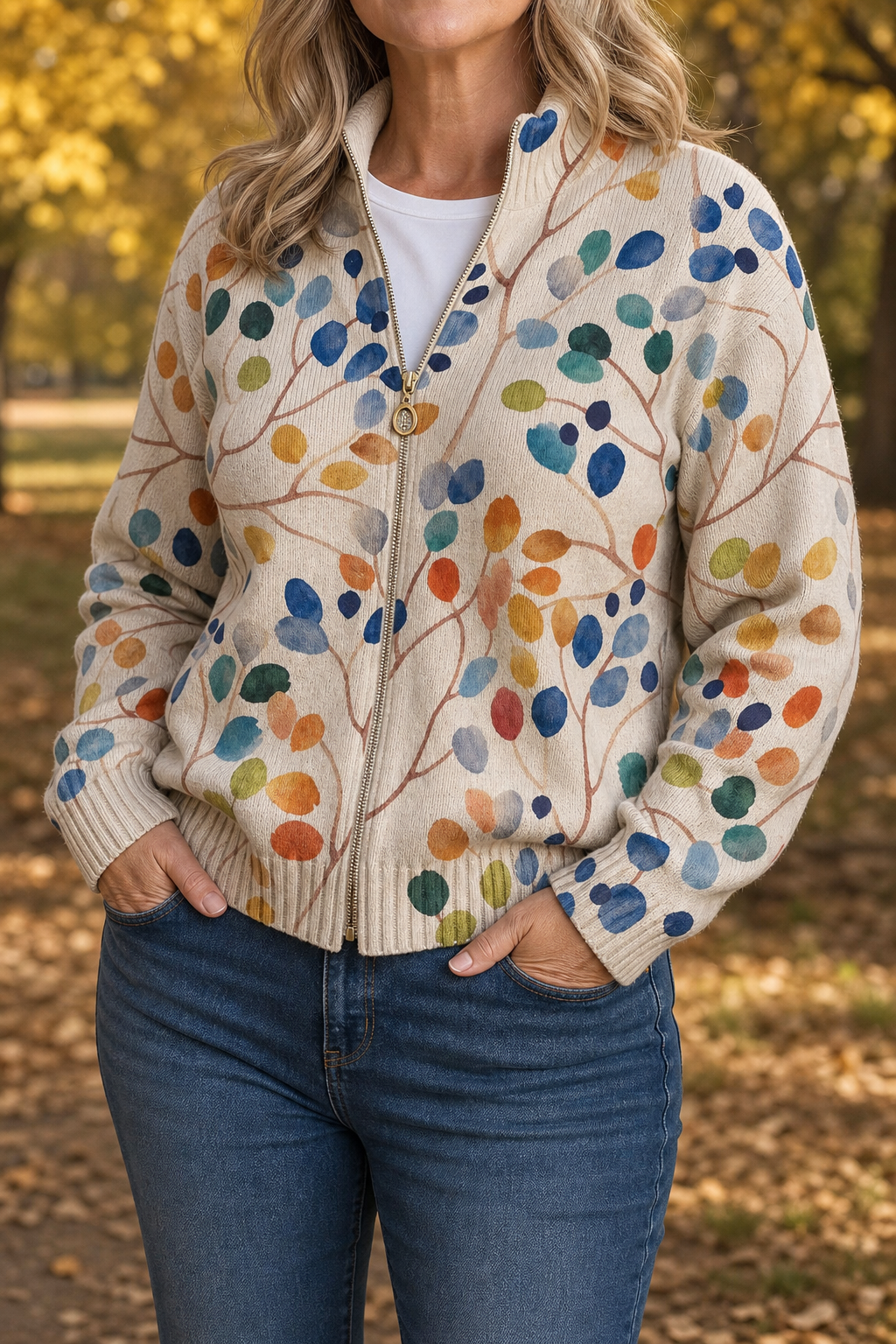 Botanical Print Zip-Up Bomber Cardigan - Susan & Anne