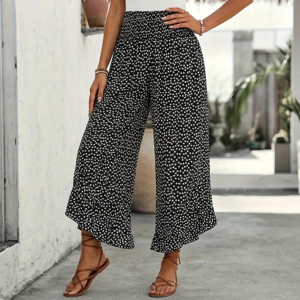 Velura - Smocked Wide-Leg Ruffle Pants