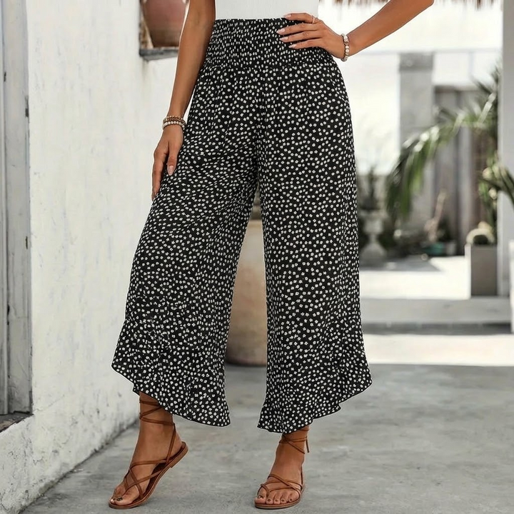 Velura - Smocked Wide-Leg Ruffle Pants